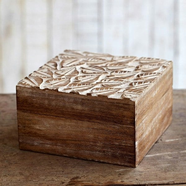 Paper High Antique White Leaf Mango Wood Jewellery Box