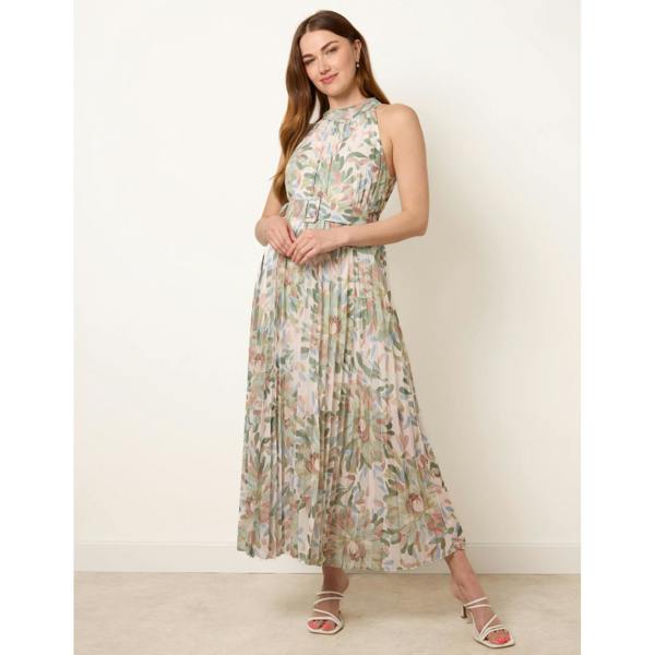 Blue Vanilla Printed Pleated Dress With Belt