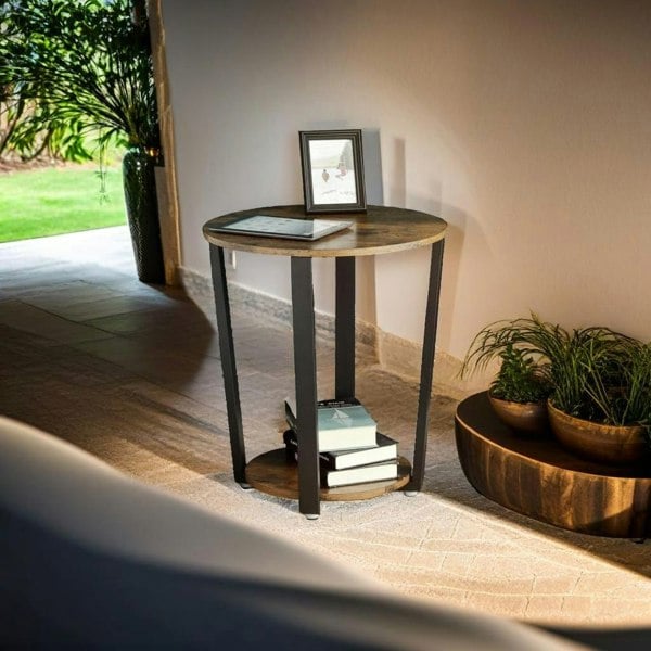 Modcraft Round Industrial Side Table – Rustic Brown & Black Steel Frame for Living Room & Bedroom