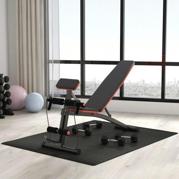 Adjustable incline weight bench with red-trim backrest, black pads, and foot/ankle supports