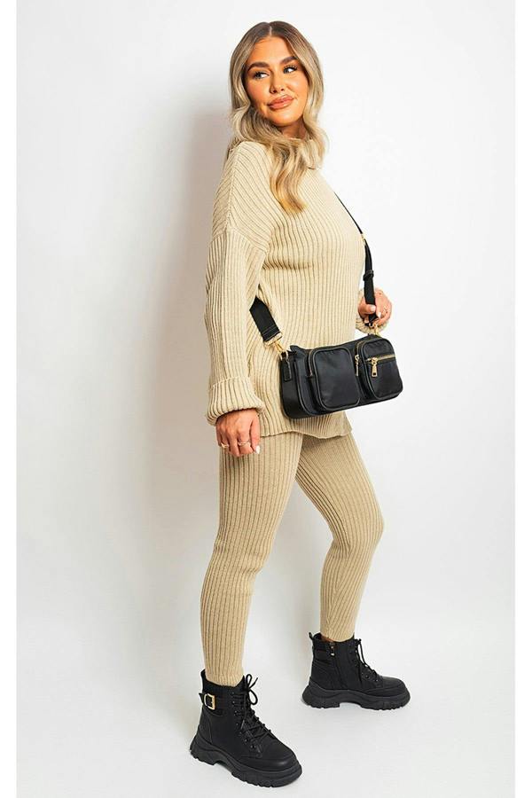 Mila Chunky Knitted High Roll Neck Top Bottom Co-ord Set - Stone