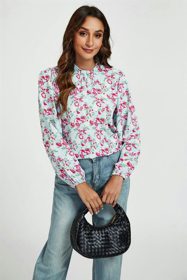 FS Collection Floral Print Frill Detail High Neck Top In Blue & Pink