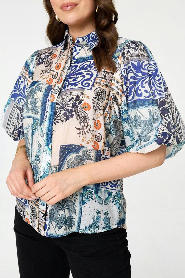 Blue | Patchwork 1/2 Puff Sleeve Boxy Shirt