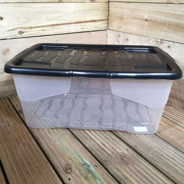 Samuel Alexander 8 x 42L Clear Storage Box with Black Lid, Stackable and Nestable Design Storage Solution