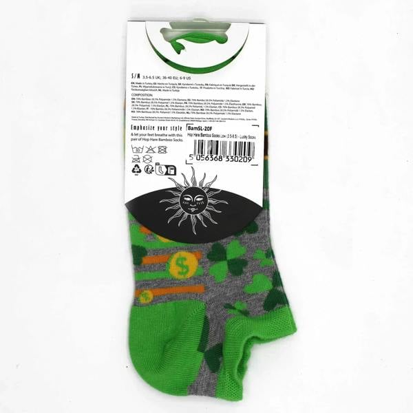 Bamboo socks in green and gray with clover pattern and dollar sign graphic
