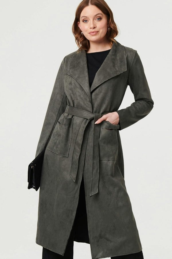 Olive | Suedette Tie Waist Longline Trench Coat