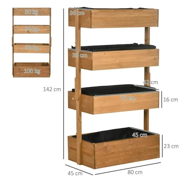 Four-tier wooden plant stand with black-lined planter boxes, shown from the front with measurements