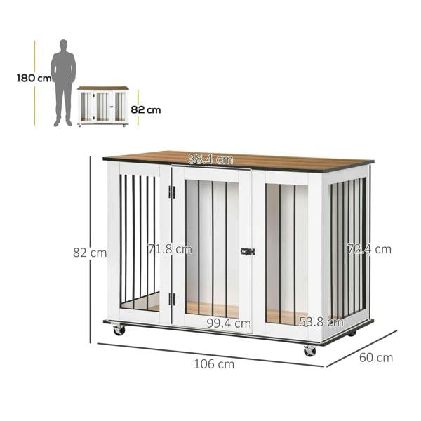 White dog crate end table with brown wood top, vertical bars, and rolling wheels