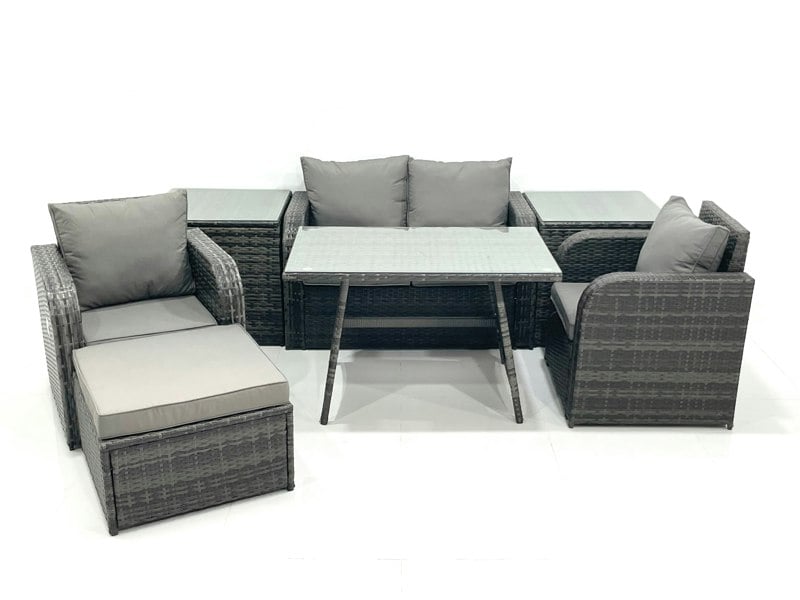Fimous Outdoor Garden Furniture Set Rattan Sofa Dining Table Set with Reclining Chair 2 Side Tables Big Footstool Dark Grey Mixed