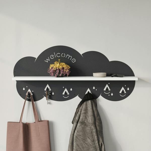 Decortie Cloudy Wall-Mounted Metal Hanger Shelf with 6 Metal Hooks Welcome Cloud Shape Functional Storage Hanger Entryway