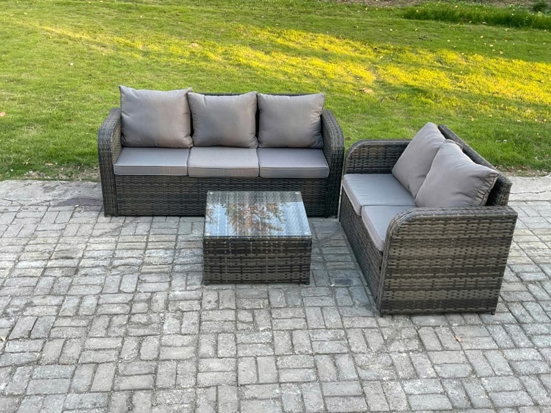 Fimous PE Rattan Garden Furniture Sets 5 Seater Outdoor Lounge Sofa Set Square Coffee Table