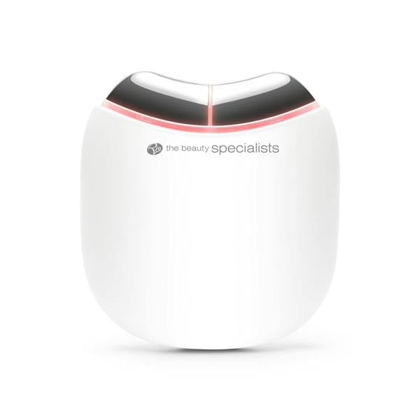 The Rio Face Lift & Tone Facial Toner is a white, oval-shaped device with a metallic V-shaped tip that emits a gentle red light and the beauty specialists on the front—ideal for anti-aging and skin toning routines.
