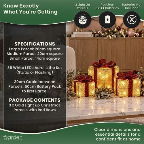Light Up Christmas Parcels with 35 White LEDs - Set of 3, Gold and Red