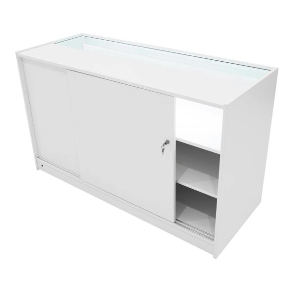 White Adonis LED shop counter set featuring sleek design, sliding door, glass top, and spacious interior shelves for display and storage