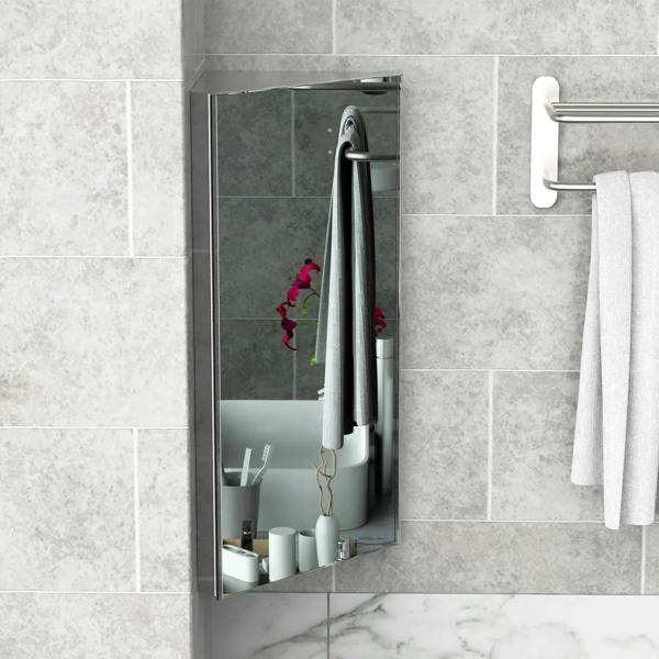 Corner mirrored storage cabinet reflecting bathroom items with stainless steel frame