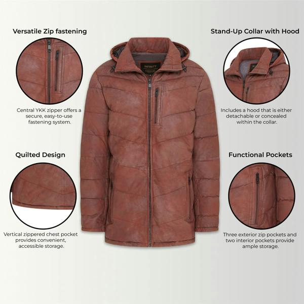 Infinity Leather Men's Leather Quilted Jacket Hooded Puffer Winter Coat - Olyic