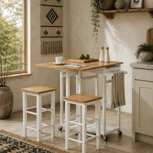Wyld Haus Elvami Vafa Wooden White Kitchen Island Set With 2 Stools Drop Leaf Top Drawers And Towel Rack