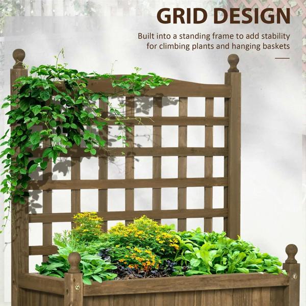 Brown wooden raised planter with trellis grid, filled with leafy plants and flowers