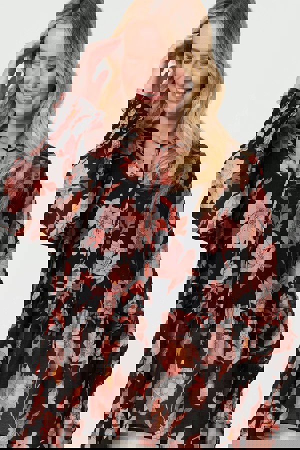 Black | Floral Long Sleeve Longline Tunic Blouse
