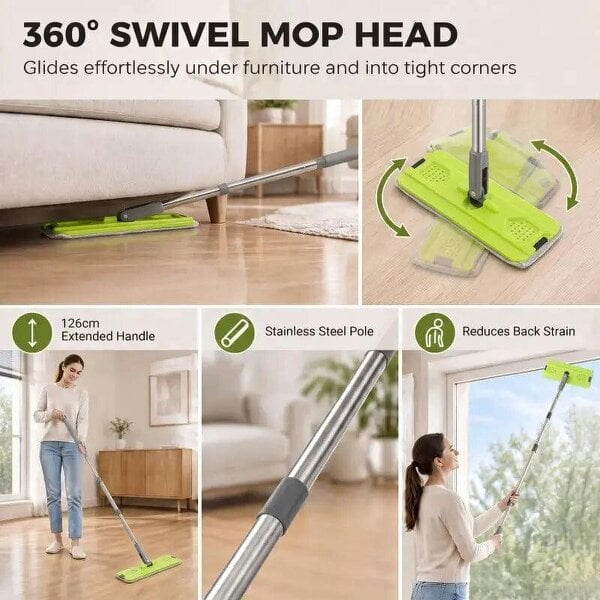 Bobobiy Mop and Bucket Set, Compact Flat Mop System with Wringer, 2 Chambers, 5 Reusable Pads, Dark Grey and Green