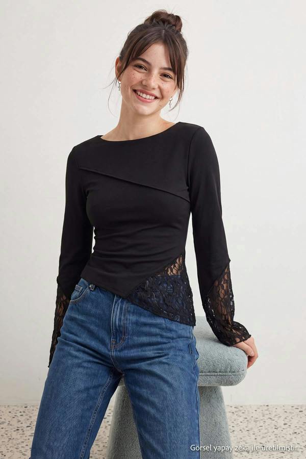 WOVCOR Boat Neck Spanish Sleeve Lace Detail Fitted Blouse