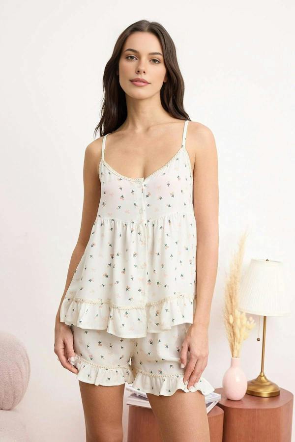 WOVCOR Floral Print Frill Detail Cami Strap Viscose Pyjama Set
