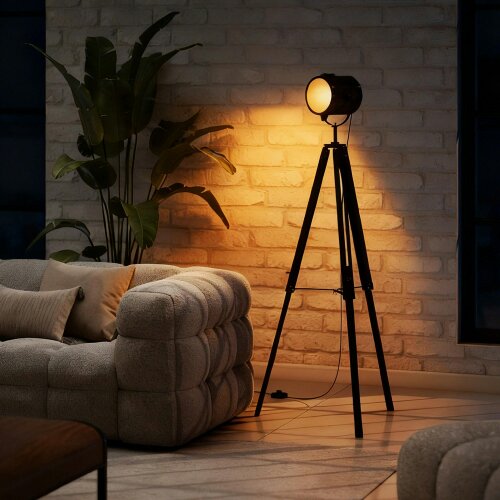 Wyld Haus Suta Wood And Metal Black Tripod Searchlight Floor Lamp Adjustable Head
