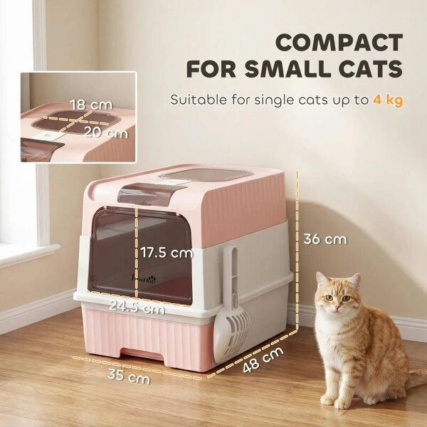 Enclosed Cat Litter Box with Lid, Pull-Out Drawer Tray, Scoop, 2 Deodorisation Bags, Front Entry & Top Exit, Pink