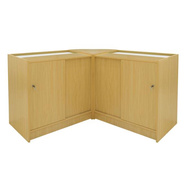 Maple LED shop counter set featuring a sleek, modern design with glass display tops and spacious storage cabinets in a corner configuration