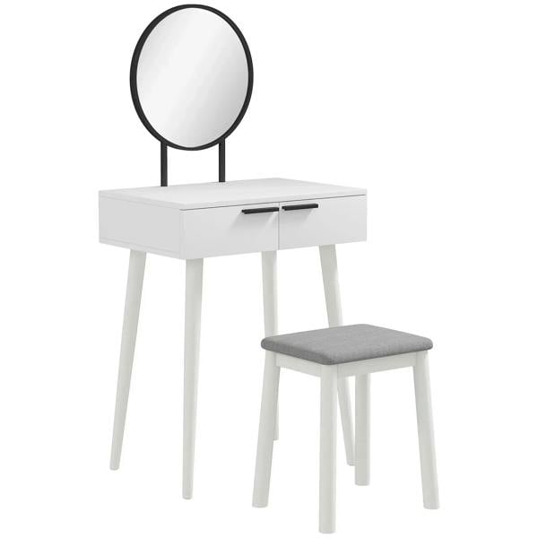 White vanity dressing table with round mirror, two drawers, and gray upholstered stool