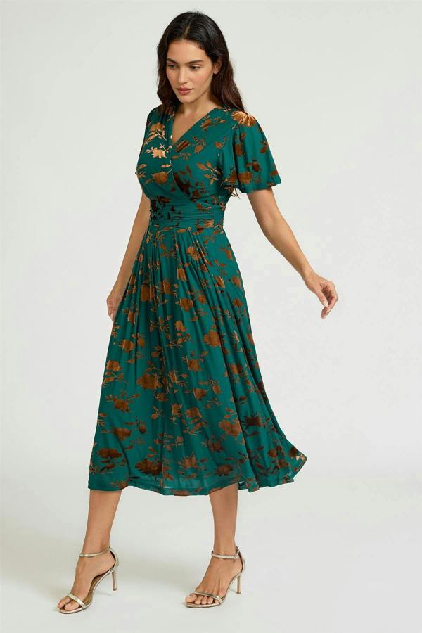 FS Collection Velvet Flock Short Sleeve Midi Dress In Jade Green