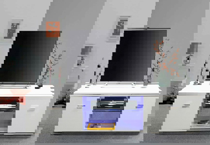 MDA Designs Auriga White Modern TV Cabinet for Flat TV Screens of up to 65" Entertainment Unit with Shelves and Built-in Blue LED Lights
