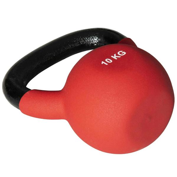 Red 10 kg soft kettlebell with black handle, angled close-up