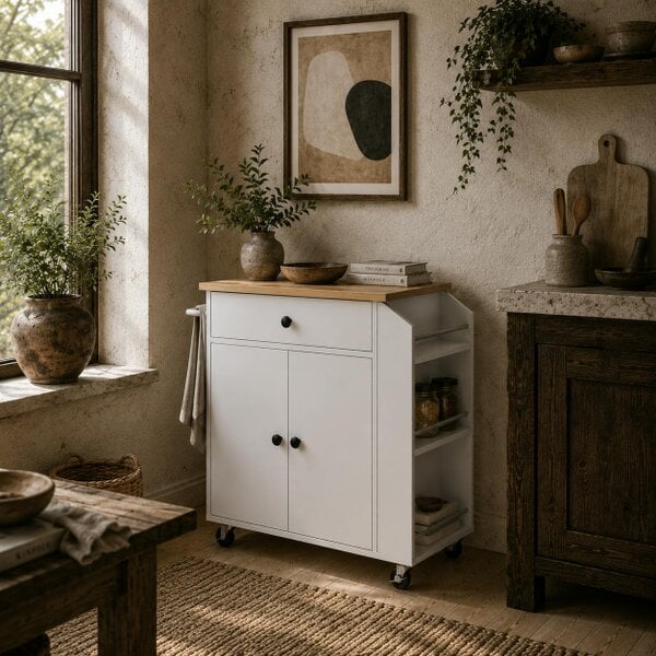 Wyld Haus Semi Wooden White Rolling Kitchen Island With Drawer 3 Tier Spice Rack And Towel Rail