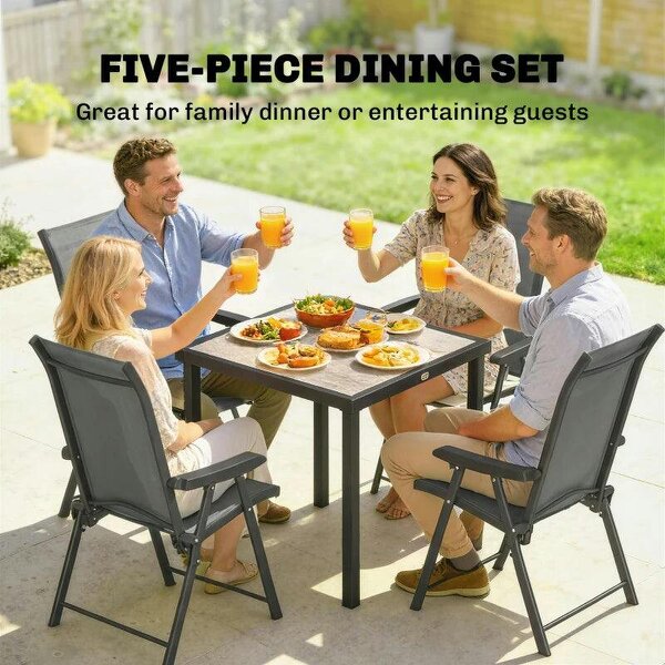5 Pieces Outdoor Dining Set, Garden Dining Set for 4 with Square Table and Folding Chairs, Grey