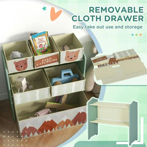 Green kids storage unit with removable cloth drawer and six fabric bins, animal bin fronts