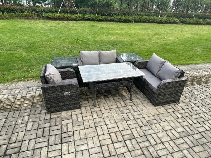 Fimous Lounge Rattan Sofa Set Outdoor Garden Furniture Oblong Rectangular Dining Table With Chairs 2 Side Tables Dark Grey Mixed