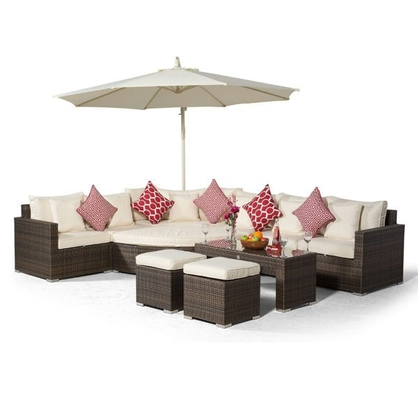 Giardino Santorini L Shape Modular 6 Seat Rattan Corner Sofa Set With Large Coffee Table, 2 Stools & Daybed Ottoman