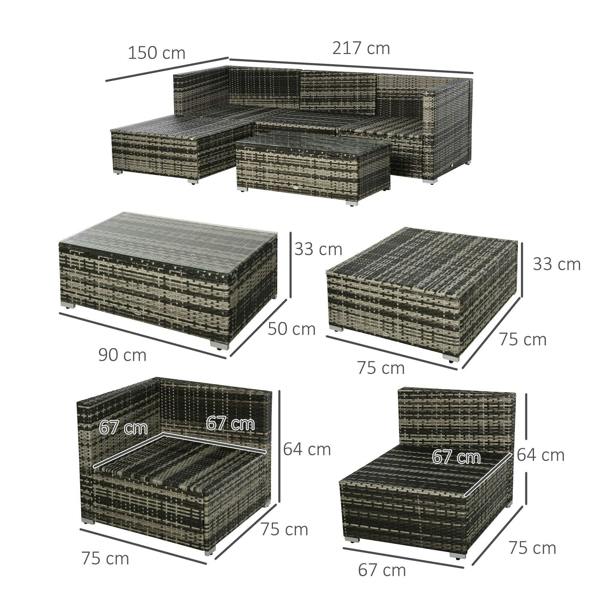 Rattan sectional sofa set dimensions: corner seats, ottoman, and coffee table