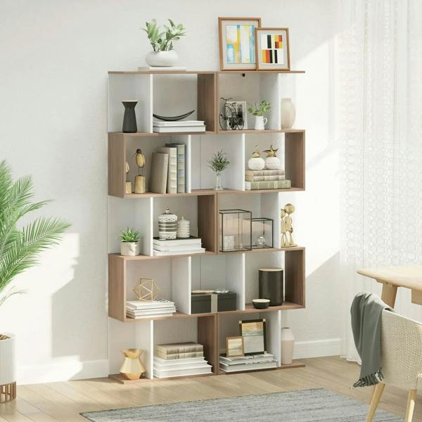 S-shaped freestanding bookshelf with open cubby tiers, oak shelves and white frame
