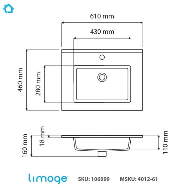 Limoge 4012 Ceramic 61cm Thin-Edge Inset Basin with Rectangular Bowl