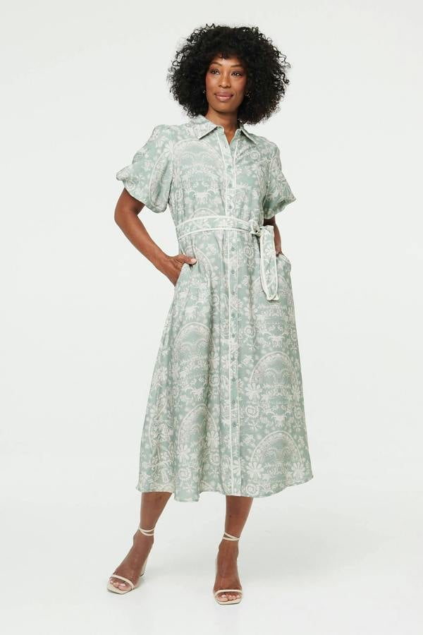 Green | Printed Puff Sleeve Tie Midi Shirt Dress