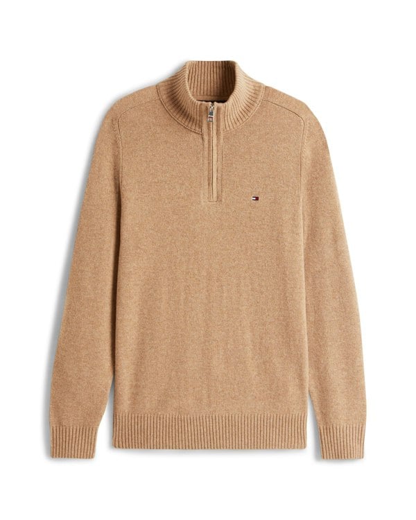 Tommy Hilfiger Lambswool Half-Zip Mock Neck Mens Jumper - Safari Canvas Heather