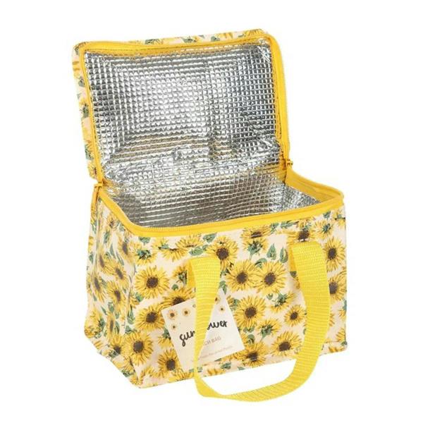 Open sunflower print lunch bag showing silver insulated lining and yellow zipper