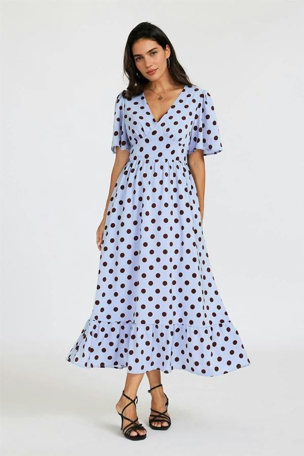 FS Collection Polka Dot Print Angel Sleeve V Neck Frill Hem Midi Dress In Blue