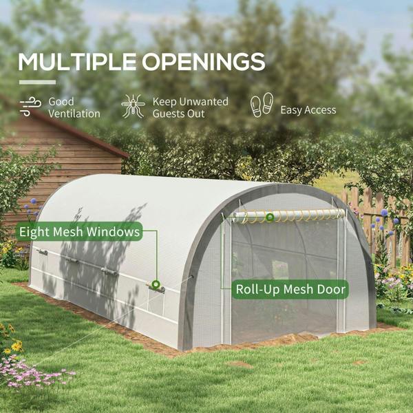 White greenhouse with roll-up mesh door and eight mesh windows along the sides