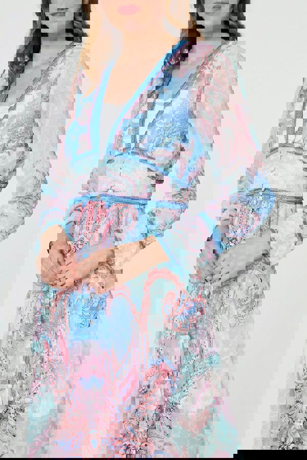 Blue | Border Print Layered Empire Midi Dress
