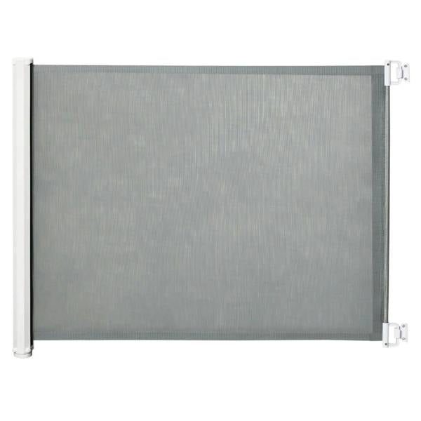 Grey retractable pet safety gate with mesh panel and side posts