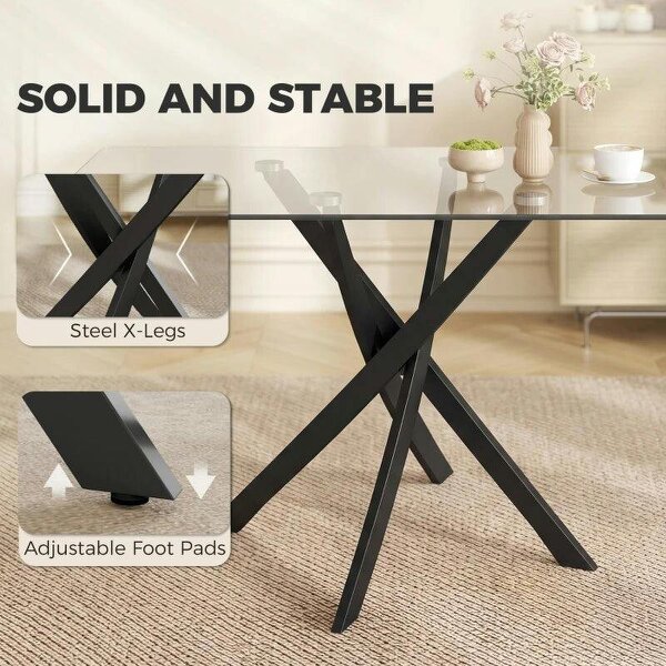 Rectangular Dining Table for 6 People, 120cm Modern Kitchen Table with Tempered Glass Top and Cross Steel Legs, Clear