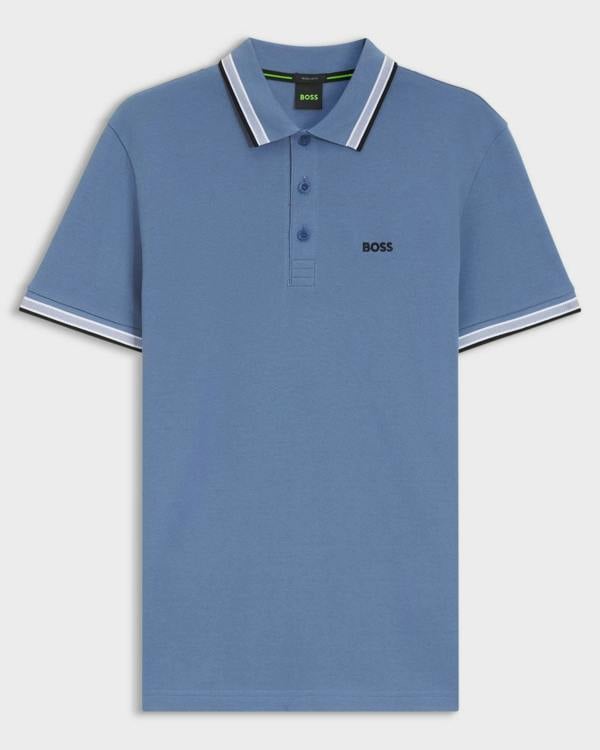 BOSS Green Paddy Mens Cotton-Piqué Polo Shirt with Contrast Logo - Open Blue 462